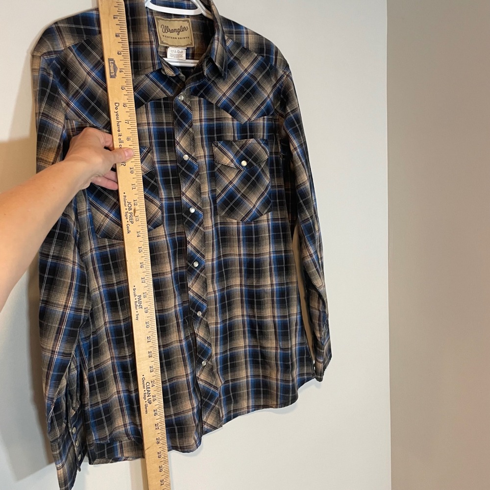 Wrangler Mens Western Pearl Snap Plaid Shirt Blue Tan Black WM219BK Medium - Picture 3 of 6